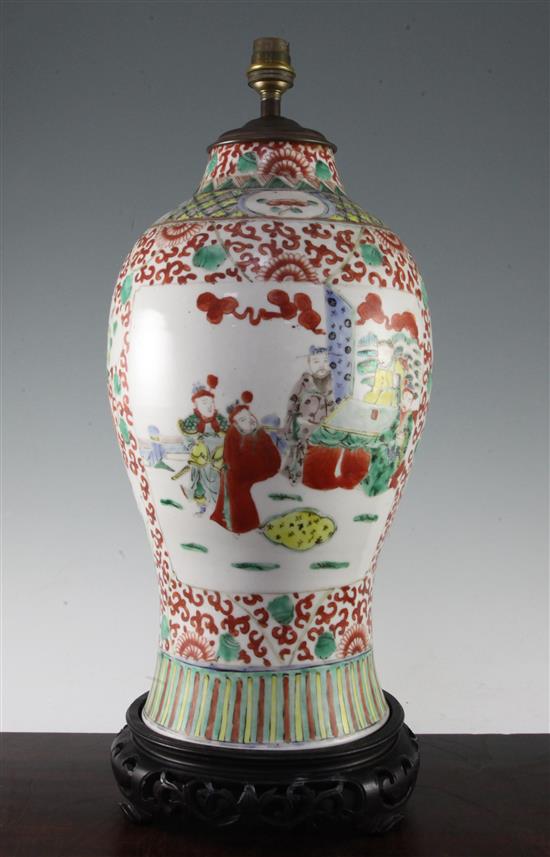 A Chinese enamelled porcelain baluster vase, late 19th century, 50cm incl. light fitting, neck reduced, drilled